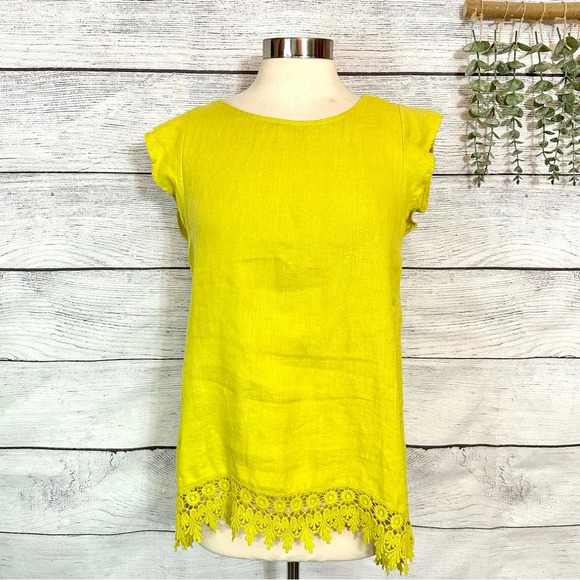 Terzo Millennio Tops - TERZO MILLENNIO Yellow 100% Linen Top MADE IN ITALY Eyelet Trim Tank Top Size S